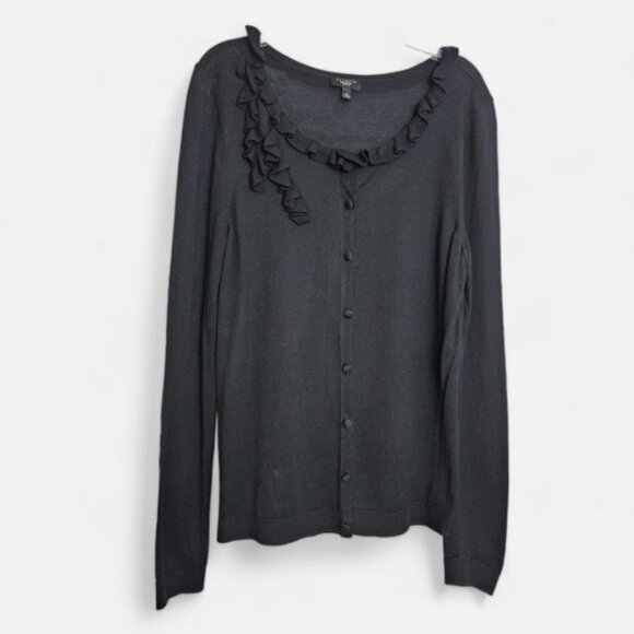 Talbots Women's Black Silk Blend Ruffle Cardigan Sweater Size MP EUC - Picture 2 of 10